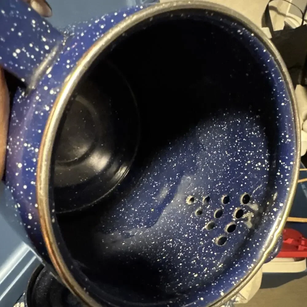 Vintage blue speckled enamelware coffee/tea pot kettle